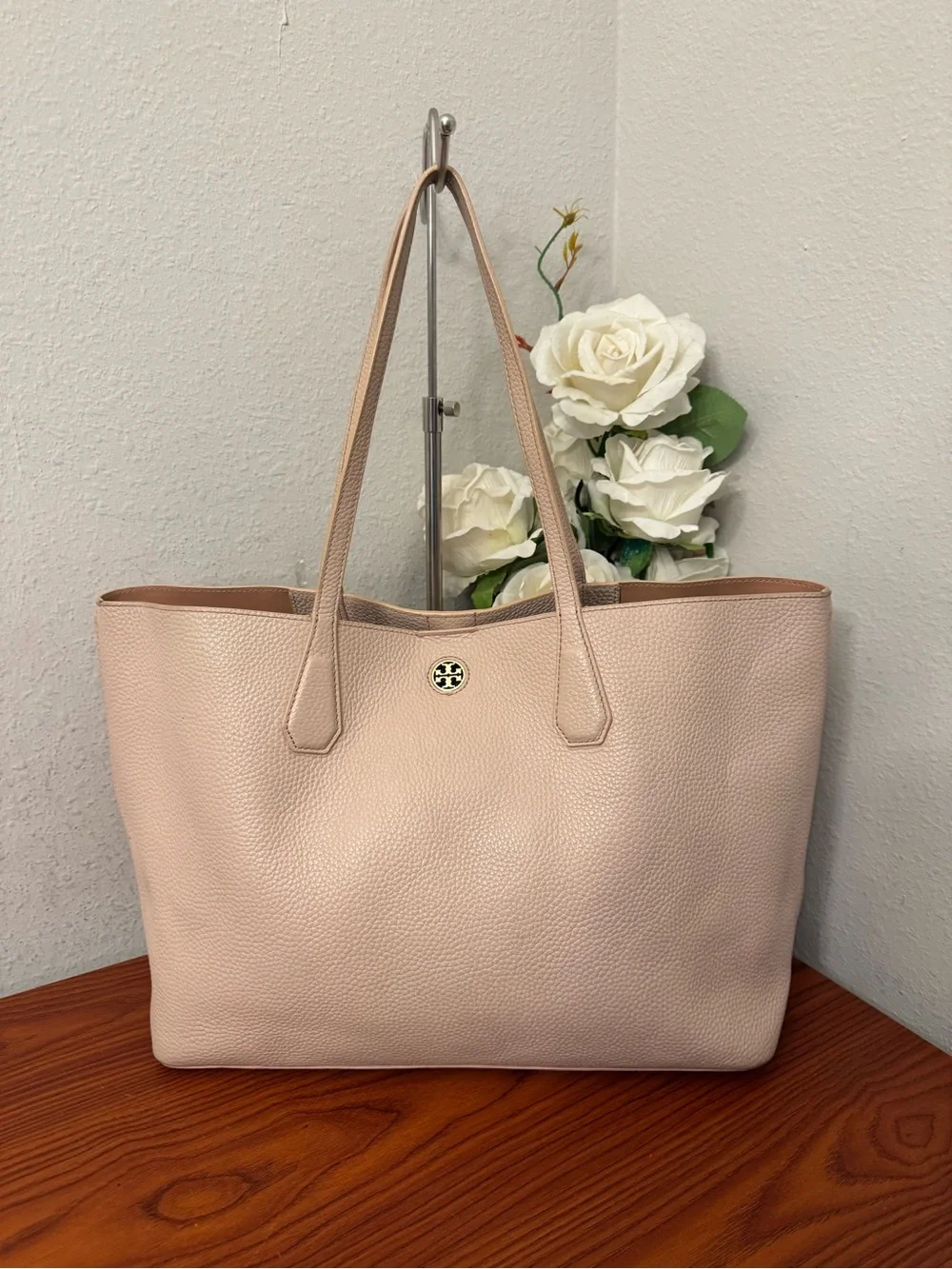 Tory Burch Light Blush Pebbled Leather Tote with Logo Disc